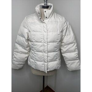 Eddie Bauer Goose Down Puffer Coat Jacket Womens L Off White  Zip Snap Pockets